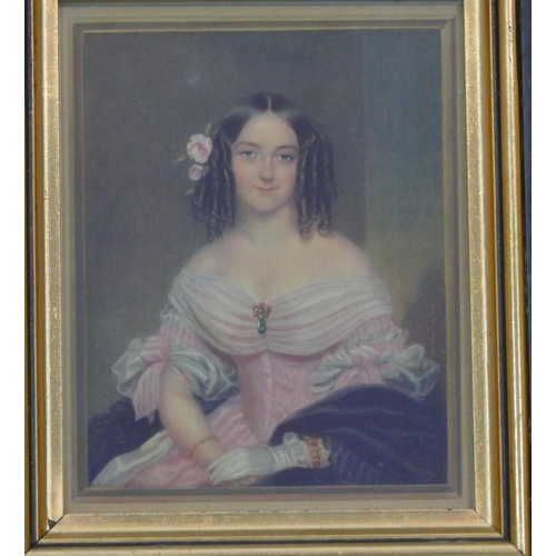 207 - A Small Coloured Print half of a portrait of a seated lady in black and gilt frame, 12cm x 9.5cm