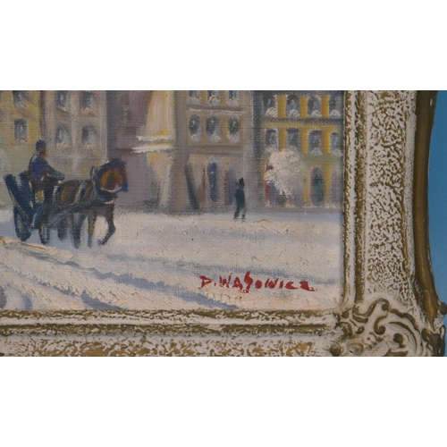 210 - Dariusz Wasowicz Oil on Canvas winter scene depicting street scene with figures, and horse-drawn car... 