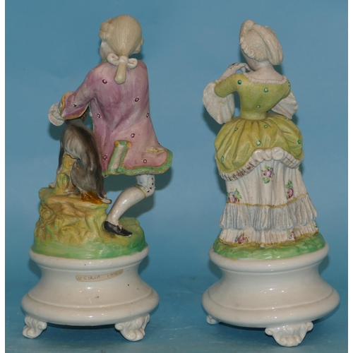 26 - A Pair of Continental Bisque China Figures of Young Lady and Gentleman on round bases having splayed... 