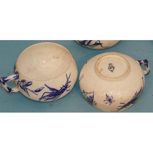 29 - A Set of 6 19th Century Round Bulbous Shaped Cups on blue and white ground with cricket and insect d... 