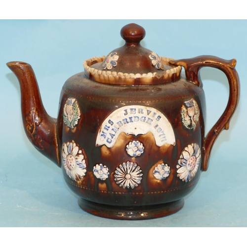 30 - A 19th Century China Barge Teapot on brown ground having raised thistle, floral and inscription 