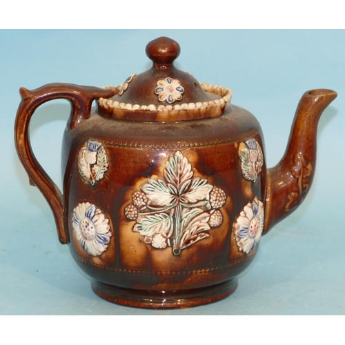 30 - A 19th Century China Barge Teapot on brown ground having raised thistle, floral and inscription 