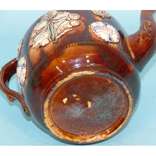 30 - A 19th Century China Barge Teapot on brown ground having raised thistle, floral and inscription 