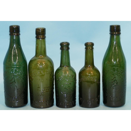 37 - 5 Coloured Glass Bottles, 2 R Emmerson, North Eastern Breweries Ltd, Greenall Whiting & Co Ltd and H... 