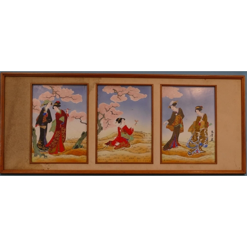 40 - 3 Oriental Porcelain Panels depicting females in open landscape, each tile 37cm x 26cm, framed over ... 