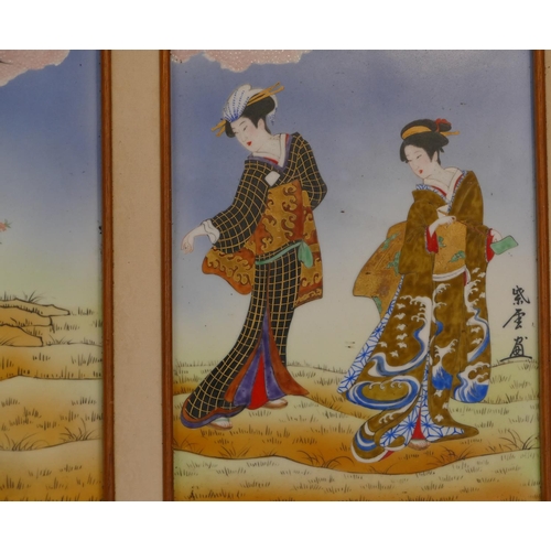 40 - 3 Oriental Porcelain Panels depicting females in open landscape, each tile 37cm x 26cm, framed over ... 