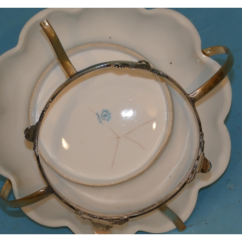 44 - A Noritake Round Scallop Shaped Bowl depicting river landscape and gilt decoration in silver plated ... 