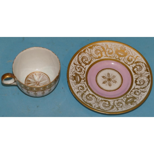 55 - Flight, Barr and Barr Worcester Teacup and Saucer on white and pink ground with vase, floral and gil... 