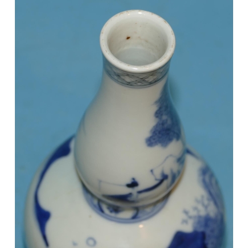 73 - An Oriental Blue and White Round Bulbous Gould Vase having fisherman, river landscape and building d... 