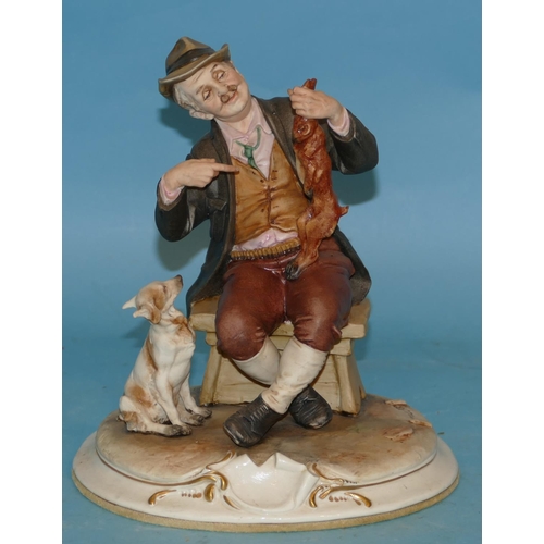 82 - A Capo Di Monte China Group of a seated gentleman holding a hare with dog at his feet, 22cm high.