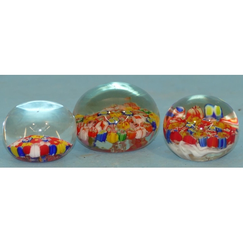 92 - 3 Millefiori Style Paperweights, largest 7cm diameter.