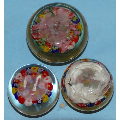 92 - 3 Millefiori Style Paperweights, largest 7cm diameter.