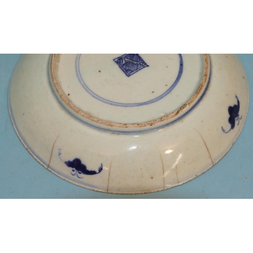 95 - An 18/19th Century Oriental Round Plate on blue and white ground with bat and scroll decoration (cra... 