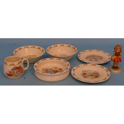 98 - A Royal Doulton Bunnykins Child's Bowl, 2 further bowls, 2 side plates and cup, also a Goebel figure... 