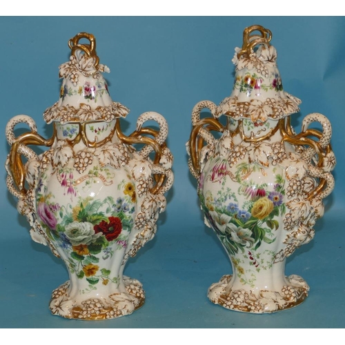 115 - A Pair of 19th Century China Round Bulbous Thin Necked 2 Handled Lidded Vases with serpent shaped ha... 