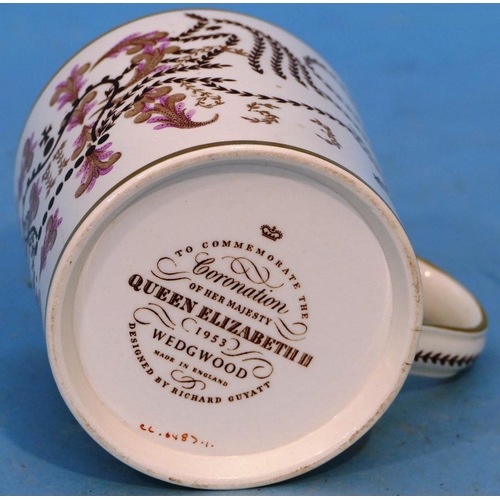 13 - A Wedgwood Richard Guyatt, Queen Elizabeth II Coronation Mug 1953 on coloured ground 10.5cm high.