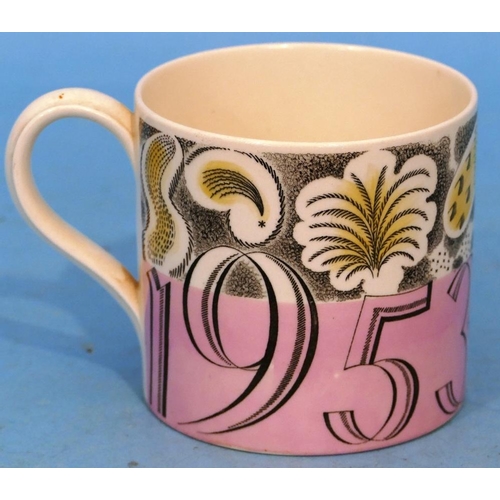 14 - A Queen Elizabeth II 1953 Wedgwood Coronation Mug by Eric Ravilious on white pink and yellow ground,... 