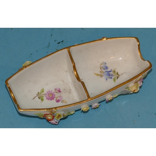 154 - A Meissen Small Boat Shape Dish having encrusted and painted, floral and leaf decoration, 10cm wide.