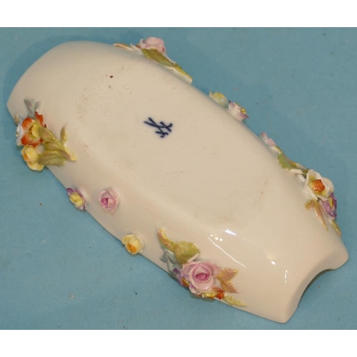 154 - A Meissen Small Boat Shape Dish having encrusted and painted, floral and leaf decoration, 10cm wide.