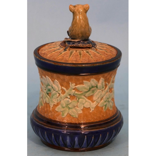 16 - A Doulton and Lambeth Glazed Stoneware Round Bulbous Lidded Tobacco Jar having mouse motif smoking a... 