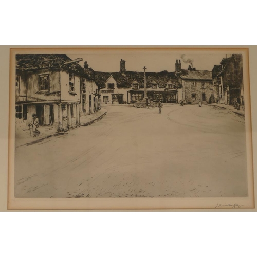 175 - James Hamilton Hay, Signed Black and White Etching figures in village centre with monument, signed i... 