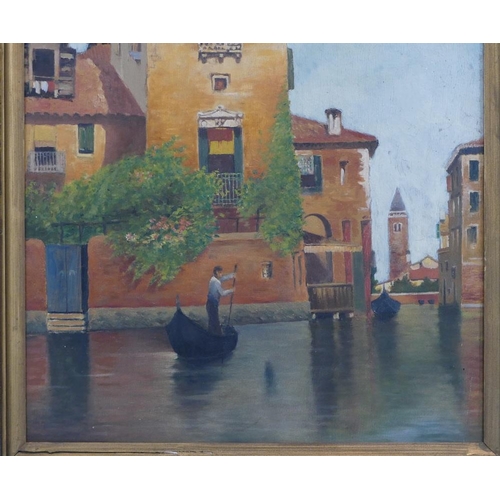 181 - An Oil on Board depicting Venetian canal scene with figure in gondola unsigned in gilt frame, 64cm x... 