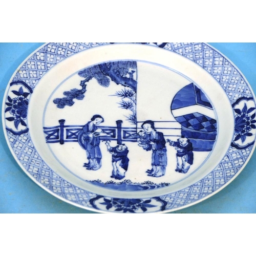 23 - A Pair of 17/18th Century Chinese Blue and White Round Plates depicting 2 ladies and 3 children near... 