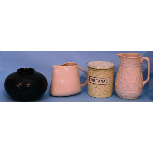 3 - A West German Hexagonal Shaped Jug, 4 other similar jugs, a small round bulbous thin necked vase hav... 