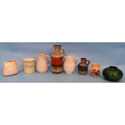 3 - A West German Hexagonal Shaped Jug, 4 other similar jugs, a small round bulbous thin necked vase hav... 