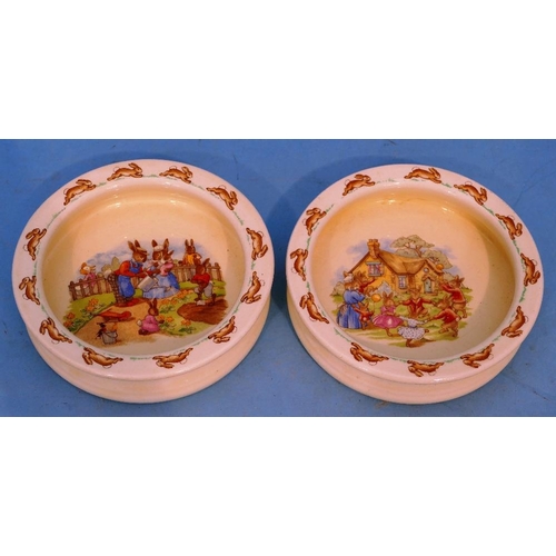 44 - 2 x Royal Doulton Bunnykins Child's Bowls, a small similar round dish and a similar mug (4).