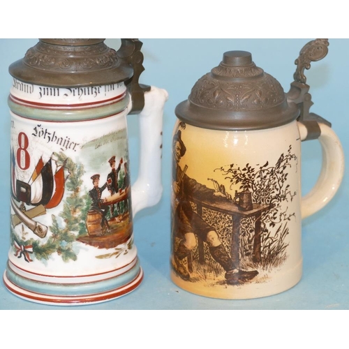 46 - A China Military Beer Stein having hinge lid mounted with figures, cannon and eagle motif, having al... 