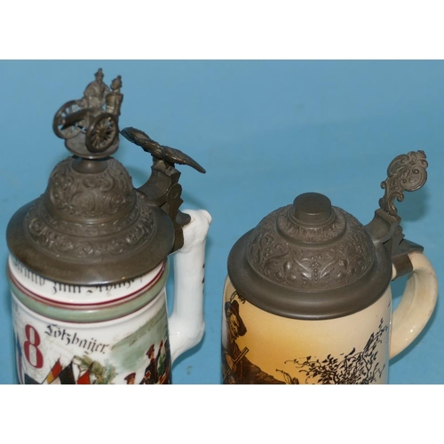 46 - A China Military Beer Stein having hinge lid mounted with figures, cannon and eagle motif, having al... 