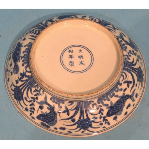 48 - An Oriental Blue and White Round Shallow Bowl having fish decoration, 19.5cm diameter.