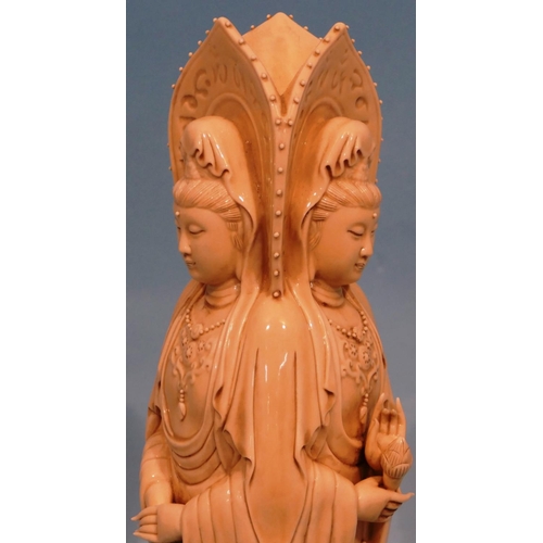 49 - An Oriental Blanc de Chine Group of 3 standing goddesses on circular base, 47cm high.