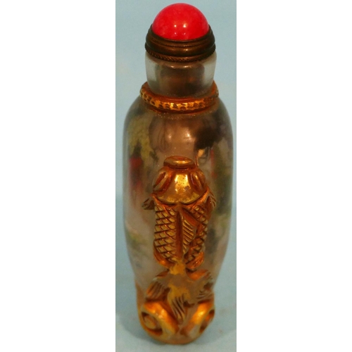 51 - An Oriental Peking Style Glass Snuff Bottle having inner painted insect decoration with stopper, 8cm... 