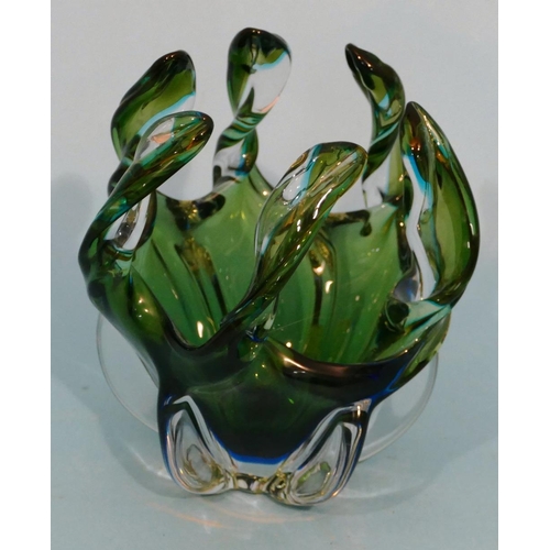 55 - A Glass Bowl having 6 raised twist motifs on blue and green ground, 22cm high.