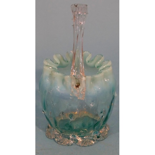 56 - A Victorian Vaseline Glass Basket Shaped Small Vase having fixed overhead handle, crinkle rim on sca... 