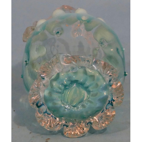 56 - A Victorian Vaseline Glass Basket Shaped Small Vase having fixed overhead handle, crinkle rim on sca... 