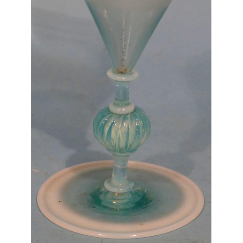 57 - A 19th Century Vaseline Glass Round Trumpet Shaped Vase having crinkle rim, bulbous knob stem on rou... 