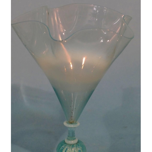 57 - A 19th Century Vaseline Glass Round Trumpet Shaped Vase having crinkle rim, bulbous knob stem on rou... 