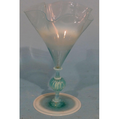 57 - A 19th Century Vaseline Glass Round Trumpet Shaped Vase having crinkle rim, bulbous knob stem on rou... 