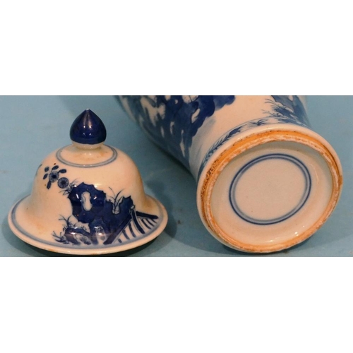 6 - An Oriental Round Bulbous Thin Necked Lidded Jar on blue and white ground depicting lady and childre... 