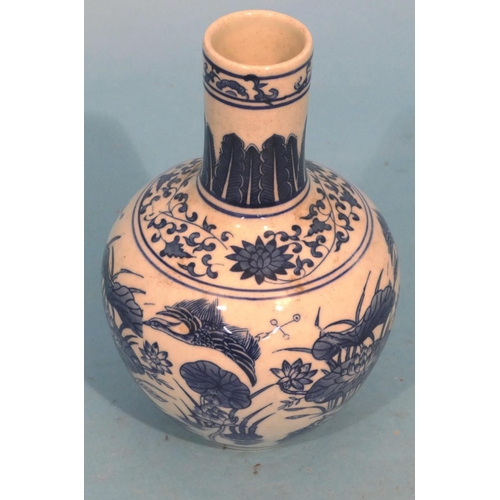 7 - An Oriental Blue and White Round Bulbous Thin Necked Vase having bird, lilly pad and floral decorati... 