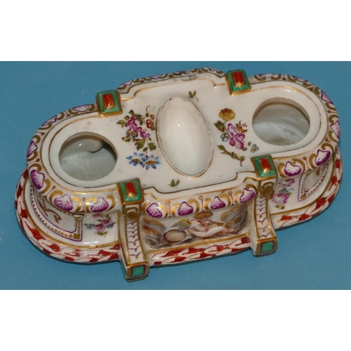 71 - A Naples Oblong Inkstand (no ink in inkwells) on white ground with raised and painted cupid, floral,... 