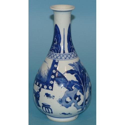 81 - An Oriental Blue and White Round Bulbous Thin Necked Trumpet Shaped Vase having figure and landscape... 