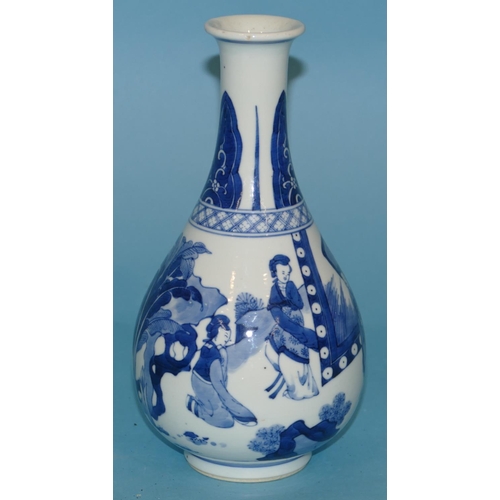 81 - An Oriental Blue and White Round Bulbous Thin Necked Trumpet Shaped Vase having figure and landscape... 