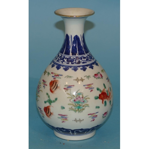 84 - An Oriental Round Bulbous Thin Necked Trumpet Shaped Vase on blue and white ground having multicolou... 