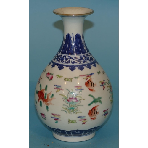 84 - An Oriental Round Bulbous Thin Necked Trumpet Shaped Vase on blue and white ground having multicolou... 