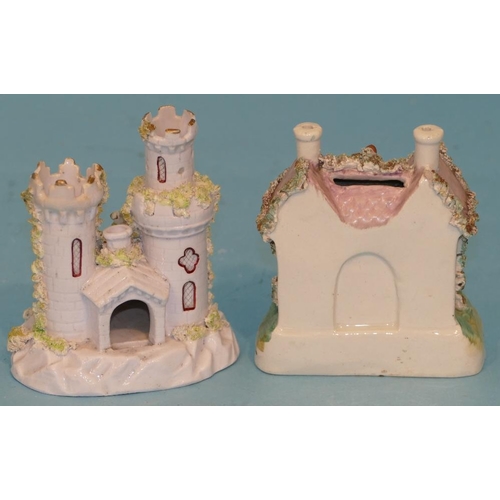 96 - A 19th Century Staffordshire Cottage Money Box, 11.5cm high, also a Staffordshire pastel burner in f... 