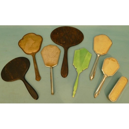 609 - A Green Enamelled Hand Mirror, 5 other hand mirrors and 2 brushes (8).